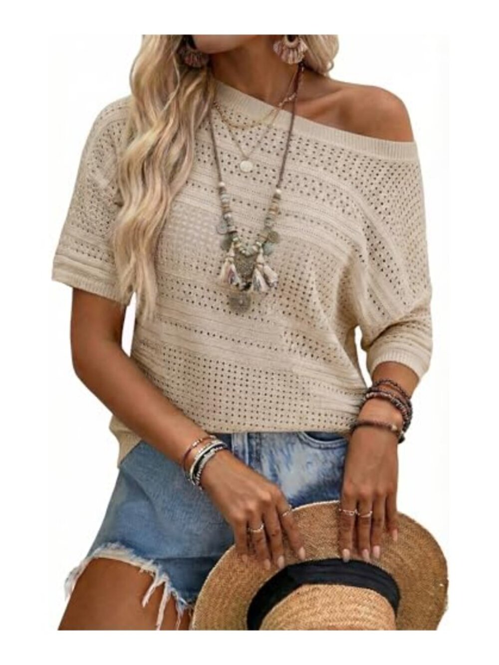 Linen Blend Crochet Pullover Sweater Short Sleeve Boat Neck Boho Top